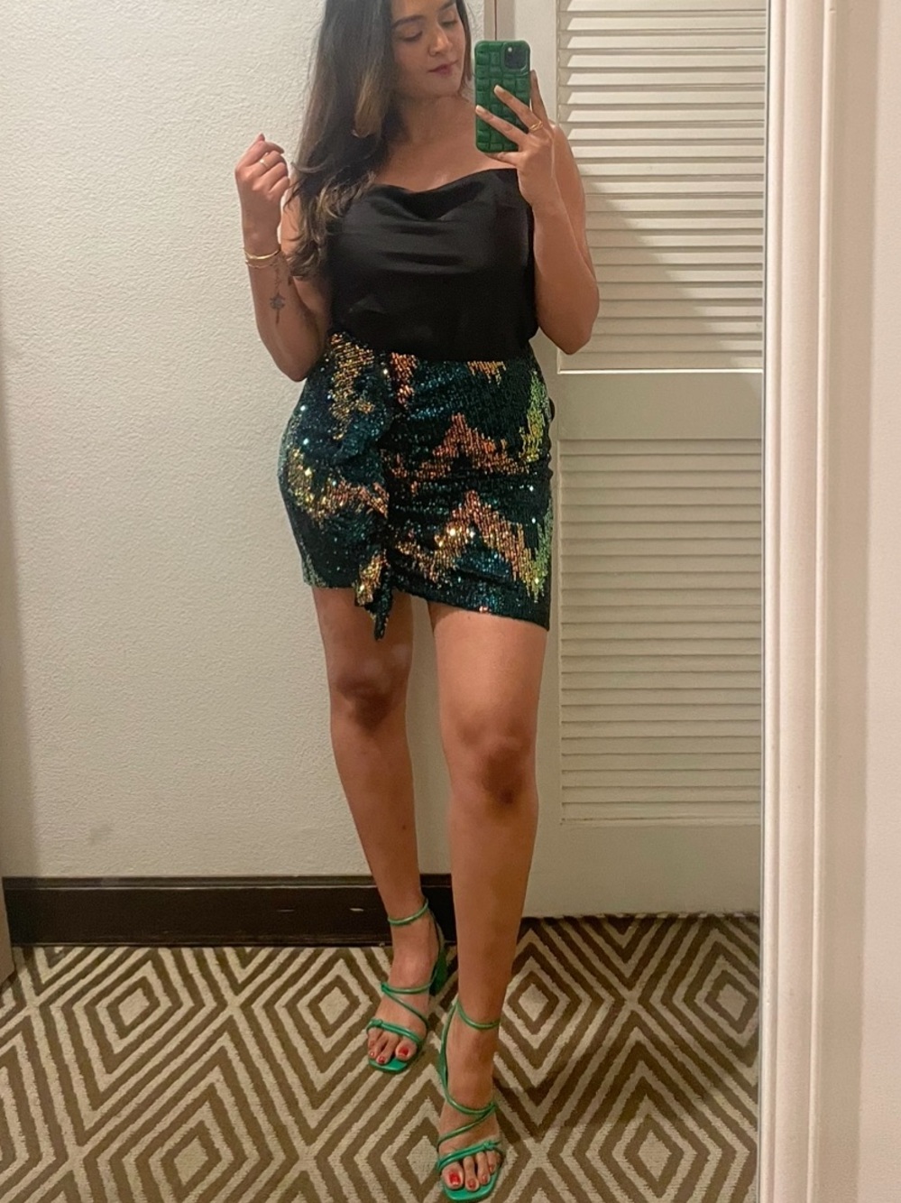 Skies Are Blue Green and Black Sequin Mini Skirt